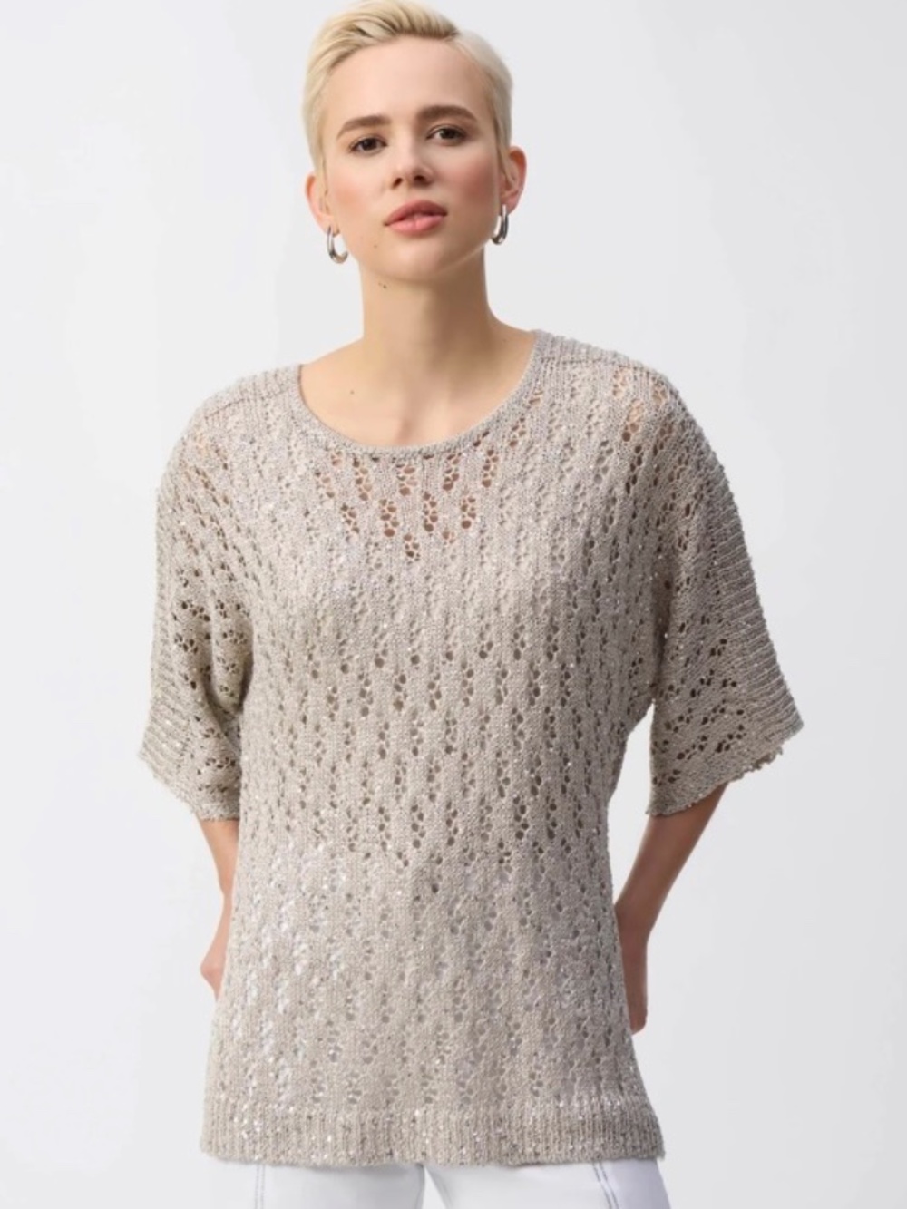 NWT Joseph Ribkoff 251928 Champagne Sequin Open Knit Sweater L